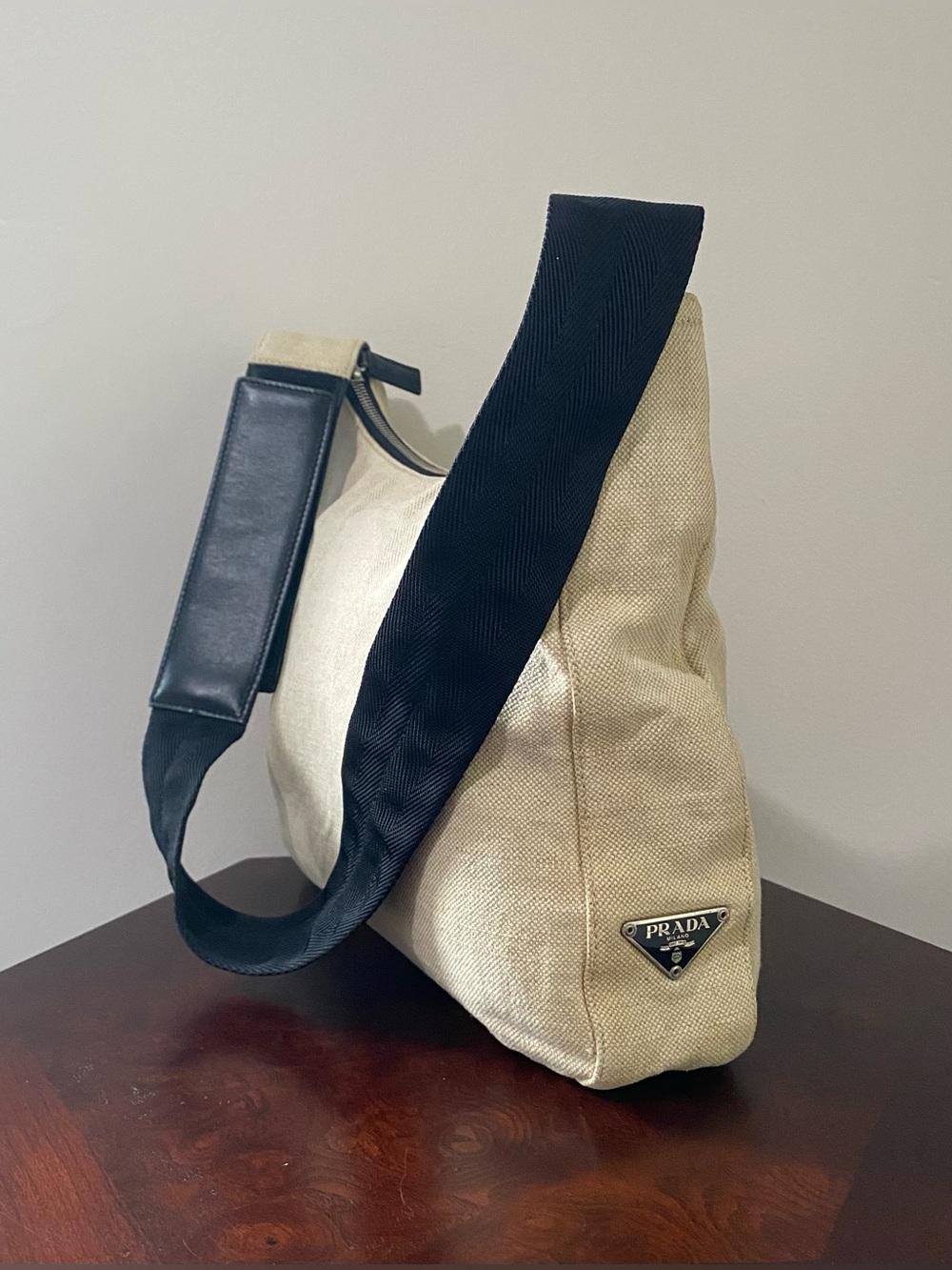 Prada Beige Canvas Shoulder Bag with Black Adjustable Strap